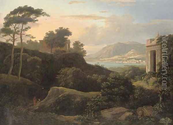 An Italianate coastal landscape, with classical ruins and figures in the foreground, a town beyond Oil Painting - Patrick Gibson