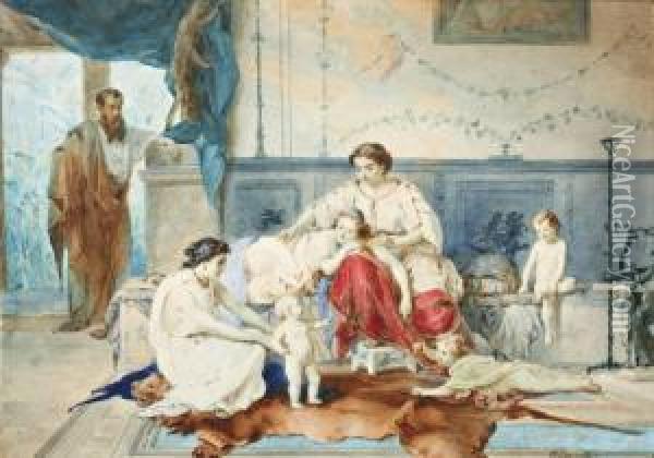 De Eerste Stapjes; Familie In Romeins Binnenhuis Oil Painting - Karel Frans Philippeau