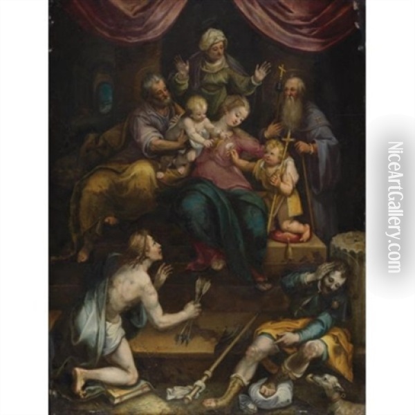 The Holy Family With The Infant Saint John The Baptist And Saint Anne, Together With Saints Anthony Abbot, Sebastian And Roch Oil Painting - Denys Calvaert