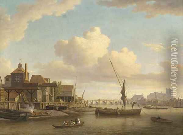 Messrs Peach and Larkin's barge building yard on the Lambeth bank of the Thames, Westminster Abbey beyond Oil Painting - William Marlow