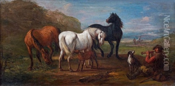 Joueur De Flute Et Chevaux Oil Painting - Pieter van Bloemen