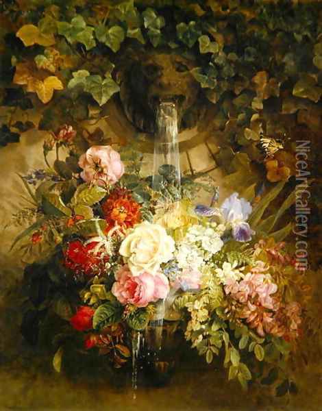 Flowers under a lion fountain Oil Painting - Auguste Wilhelmine Reichelt