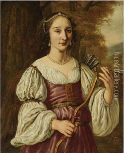 Portrait Of A Young Lady As 
Diana, Standing Half-length, Wearing Ared And White Dress And Pearl 
Jewellery, Holding A Bow Andquiver Oil Painting - Jan Victors