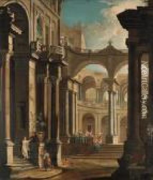 A Capriccio Of The Courtyard Of A Baroque Palace With Musicians Andother Figures Oil Painting - Antonio Joli