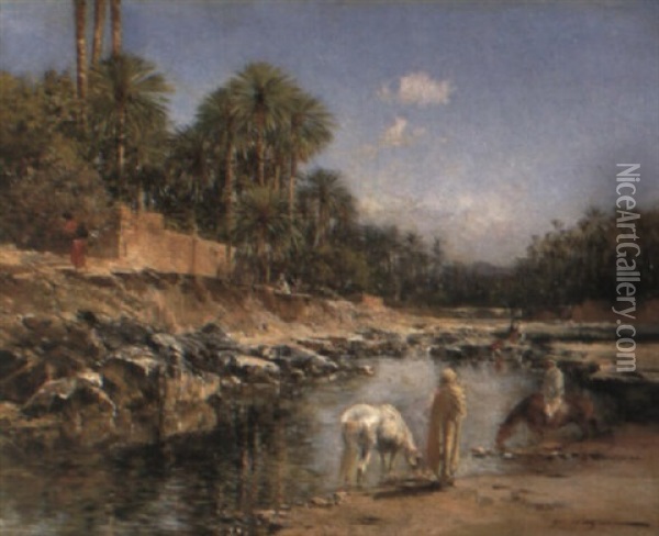 At The Oasis Oil Painting - Victor Pierre Huguet