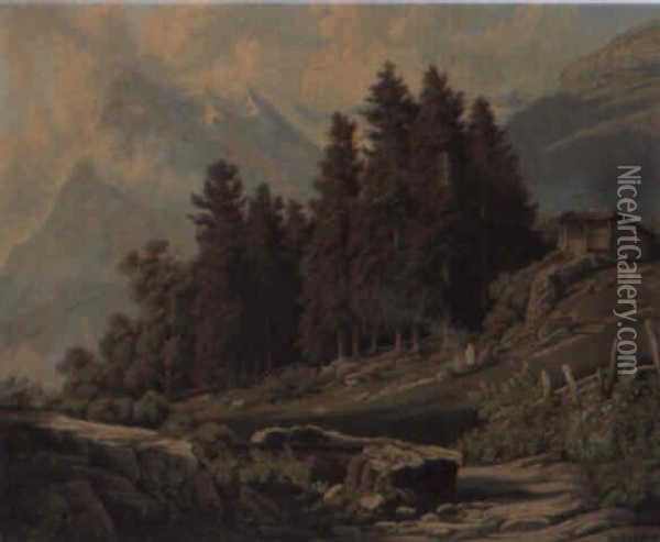 Berglandschaft Mit Hirte Und Weidenden Ziegen Oil Painting - Johann Rudolf Rapp