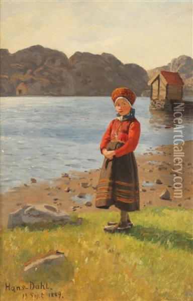 Marte Fra Vaage - Liden Strilejente Fra Vaage I Fjed Oil Painting - Hans Dahl