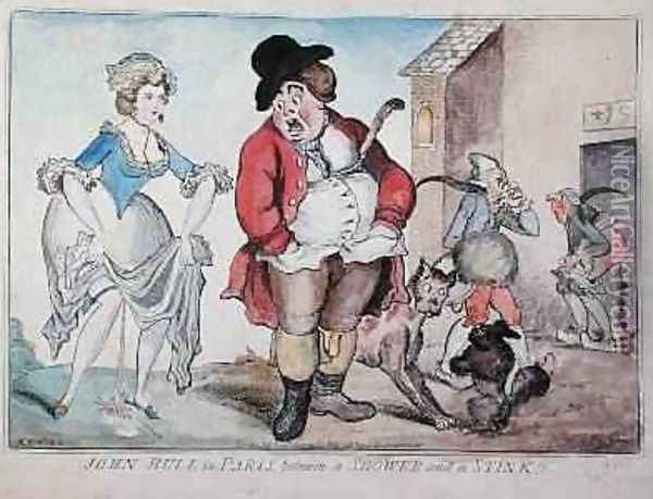 John Bull in Paris between a Shower and a Stink 1796 Oil Painting - Richard Newton
