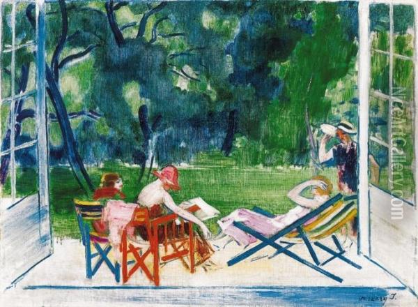 Women, Sitting In The Garden (in The Park), End Of The 1920s Oil Painting - Janos Vaszary