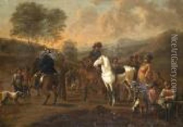 Reprise Equestre Et Halte De Cavaliers Oil Painting - August Querfurt