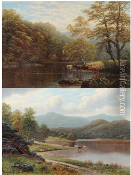 Rydal Lake, Westmorland And On The Wharfe, Bolton Woods, Yorkshire (pair) Oil Painting - William Mellor