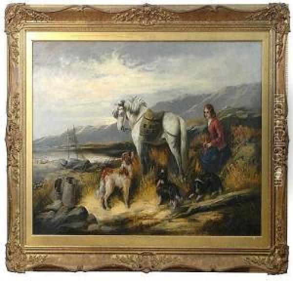 Highland Lass With Pony And Dogs At Oil Painting - Byron Webb