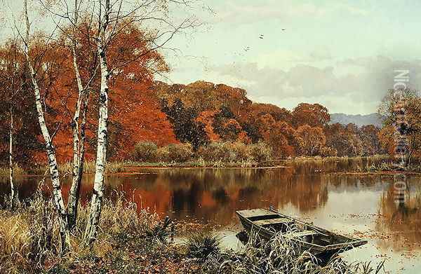Now Autumn's fire burns slowly along the woods, Abinger Mill Pond, Abinger Hammer, Surrey Oil Painting - Edward Wilkins Waite