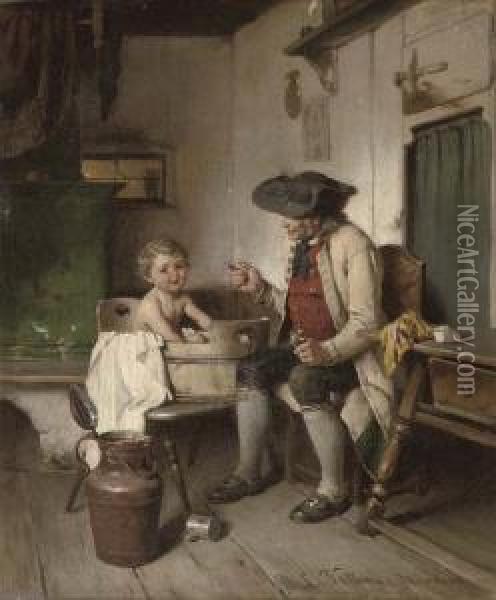 A Bathtime Tale Oil Painting - Ludwig Vollmar