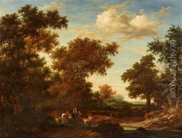 Wooded Landscape With Shepherds And Animals Oil Painting - Jacob Salomonsz van Ruysdael