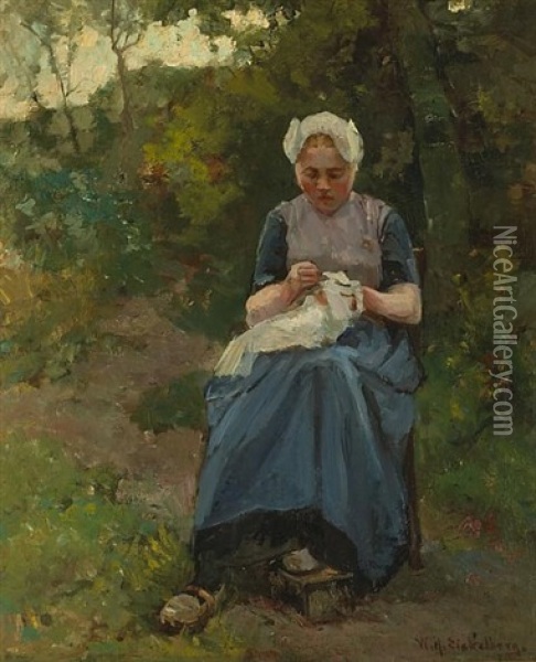 A Young Woman Sewing In A Garden Oil Painting - Willem Hendrick Eickelberg