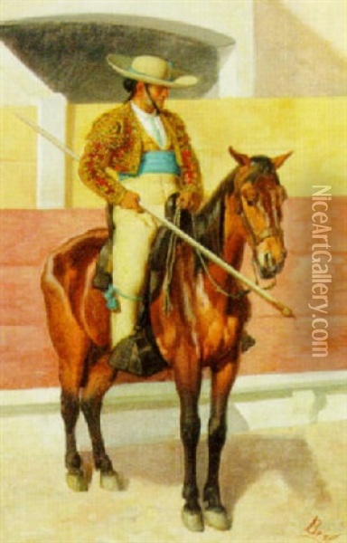 A Picador, Wearing An Embroidered Jacket And Holding A Spear, Seated On His Horse Oil Painting - Jose Brel