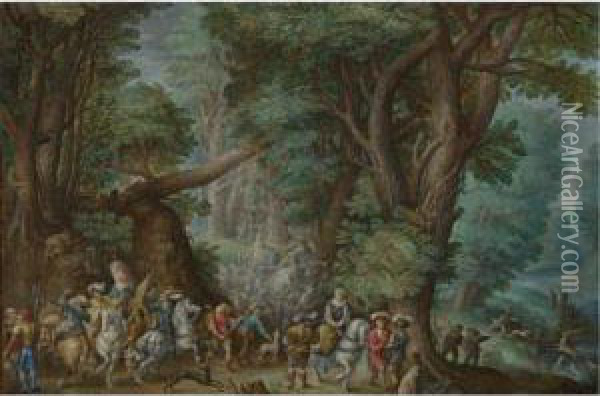 A Stag Hunt Oil Painting - Friedrich The Elder Brentel