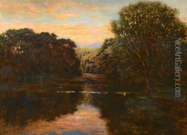Riverscape, Lakeview At Sunset Oil Painting - Robert Ward Van Boskerck
