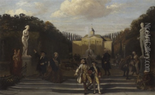 Elegant Company Promenading In A Garden Of A Palatial Mansion Oil Painting - David Joseph Bles
