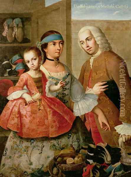 A Spaniard and his Mexican Indian Wife and their Child, from a series on mixed race marriages in Mexico Oil Painting - Miguel Cabrera