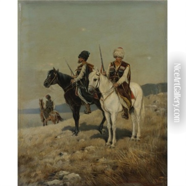 Cossacks On Horseback Oil Painting - Karl Bogdanovich Wenig