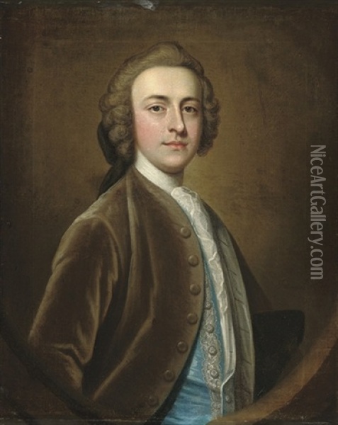 Portrait Of A Gentleman, Half-length, In A Brown Velvet Coat And Blue Silk Waistcoat With Silver Frogging Oil Painting - James Fellowes