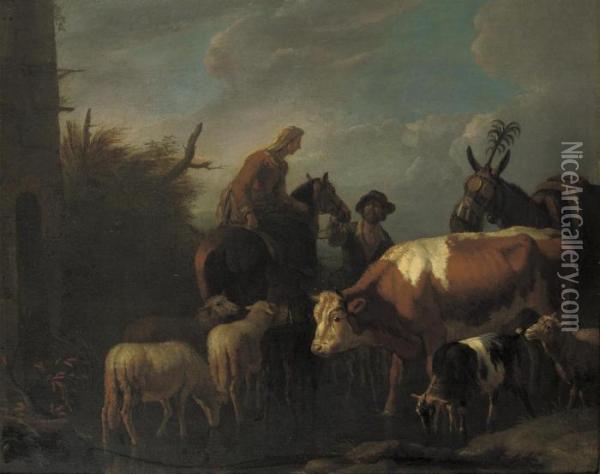 A Peasant Couple Amongst Their Cattle And Sheep Oil Painting - Pieter van Bloemen