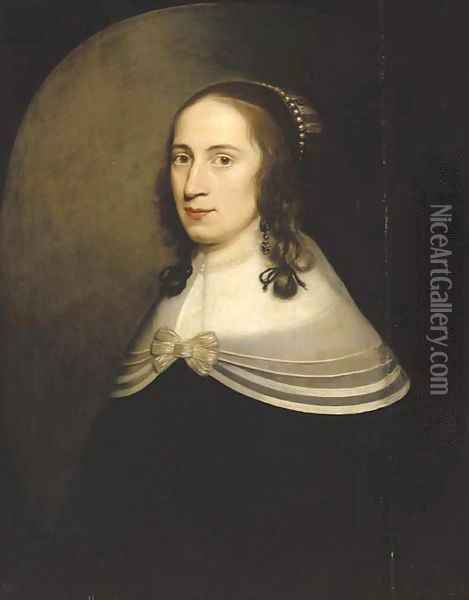 Portrait of a lady, half-length, in a black dress with a white collar and a pearl necklace Oil Painting - Gerrit Van Honthorst