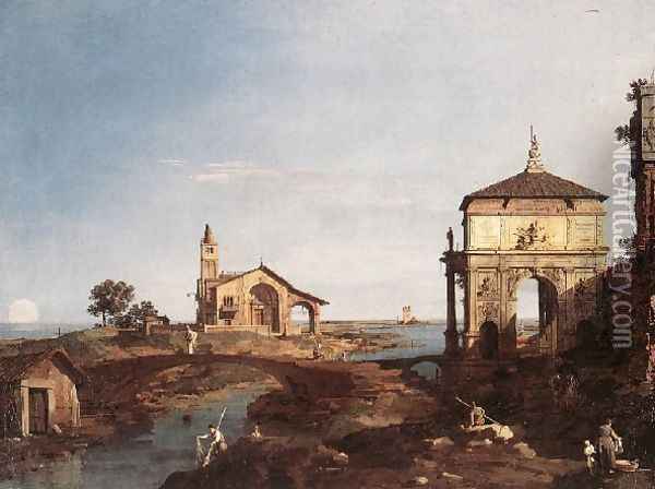 Capriccio With Venetian Motifs Oil Painting - (Giovanni Antonio Canal) Canaletto