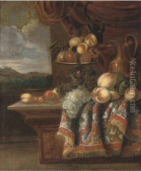 Peaches, Grapes And Strawberries In A Tazza And A Pitcher On A Partly-draped Table In An Interior, A Landscape Beyond Oil Painting - Jan Pauwel Gillemans The Elder