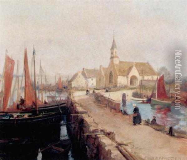 Havneparti Fra Bretagne Med Bade Ved Molen Og Kirke I Baggrunden Oil Painting - Peder Jacob Marius Knudsen