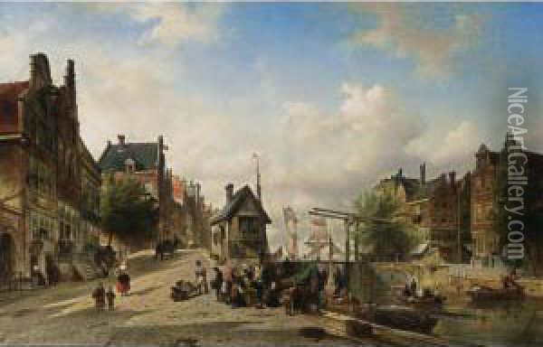 A View Of The Singel Near The Brouwersgracht, Amsterdam Oil Painting - Elias Pieter van Bommel
