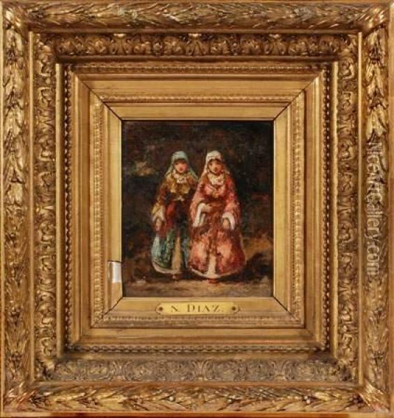 Deux Fillettes Oil Painting - Narcisse-Virgile D Az De La Pena