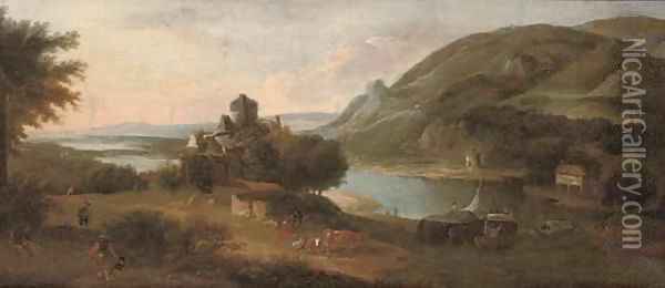 An extensive river landscape with a barge, figures, livestock and a ruined castle Oil Painting - Robert Griffier