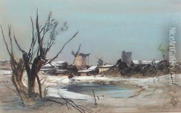 Winter Landscape With Windmill Oil Painting - Henry Bright