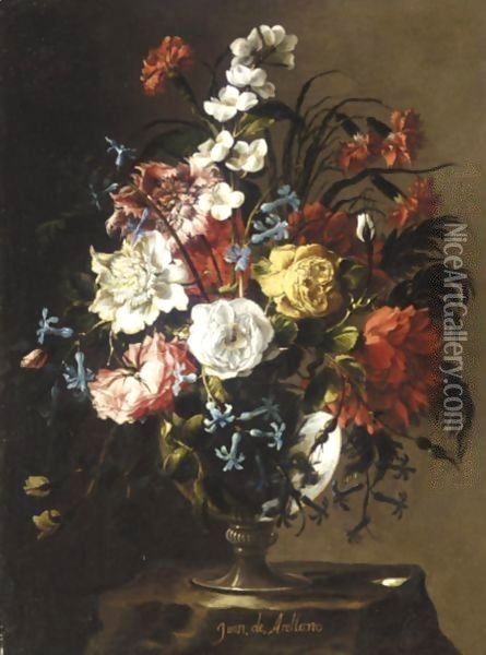 Still Life Of Roses, Carnations, Anemonies, Syringa, Peonies And Hyacinths In A Glass Vase, Upon A Stone Plinth Oil Painting - Juan De Arellano