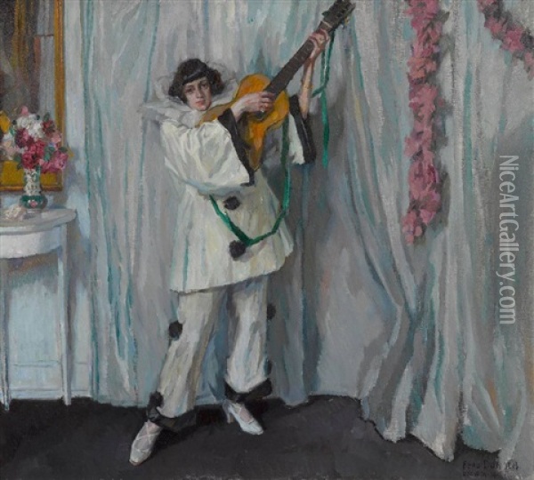 Pierrette Mit Gitarre Oil Painting - Ferdinand Dorsch