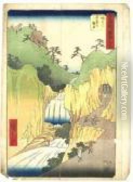 Vue De Montagne Avec Une Chute D'eau Oil Painting - Utagawa or Ando Hiroshige