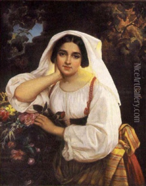 Portrait Of A Maiden With Flowers Oil Painting - Wilhelm Carl Juncker