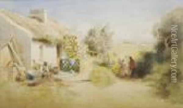 Figures Outside A Cottage, Kilkeel, Co Down Oil Painting - Joseph Carey Carey