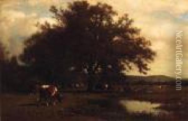 Cattle Grazing Before A Pond Oil Painting - James McDougal Hart