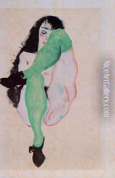 Girl with Green Stockings Oil Painting - Egon Schiele