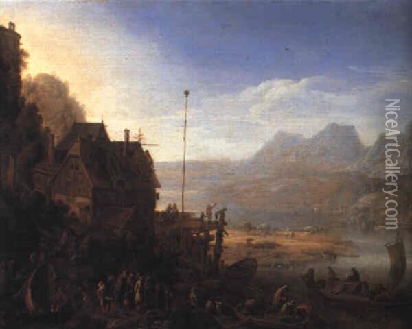 Rhenish Landscape With Fisherfolk And A Ferry Near A House Oil Painting - Herman Saftleven