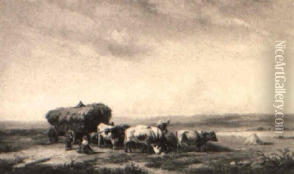 An Extensive Summer Landscape With A Hay-cart Drawn By Cattle Oil Painting - Albert Jurardus van Prooijen