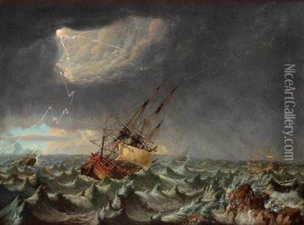 Fartyg I Storm Oil Painting - Johan Tietrich Schoultz