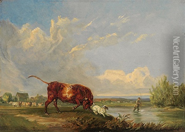 Stier Verfolgt Einen Jack-russell-terrier. Besonnte Weidelandschaft Mit Flusslauf Und Angler Oil Painting - Edmund Bristow