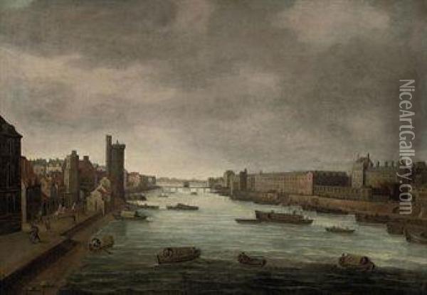 The Seine, Paris, Looking Towards The Louvre From The Pontneuf Oil Painting - Cornelis Bol