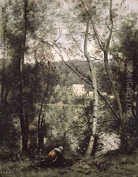 A Woman Gathering Faggots at Ville dAvray ca 1871 Oil Painting - Jean-Baptiste-Camille Corot