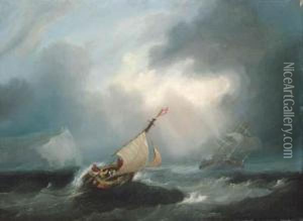 Shipping In A Squall Off The Needles Oil Painting - Frederick Calvert